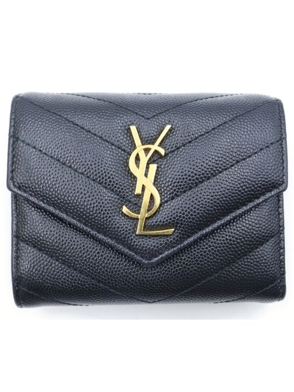 Saint Laurent Monogram Multi Fold Wallet Compact Trifold Leather Gold Black